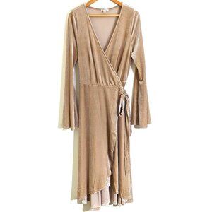 Easel V Neck Velvet Split Wrap Dress Long Bell Sleeve Champagne Color Size L